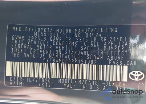 2024 Toyota Corolla Le из США, поврежденный, VIN 5YFB4MDE3RP124082